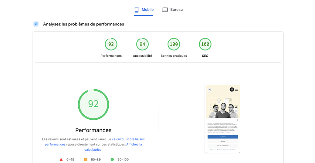 Résultats du page speed insights du site btg Muzillac à Vannes
